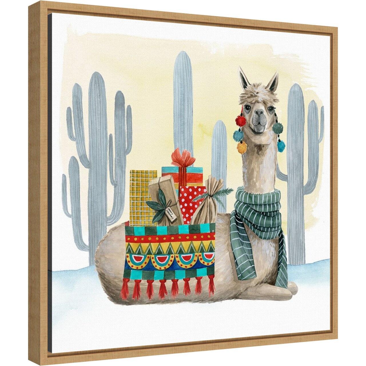 Boho Christmas II (Llama Cactus) by Grace Popp 16-in. W x 16-in. H. Canvas Wall Art Print Framed in Natural